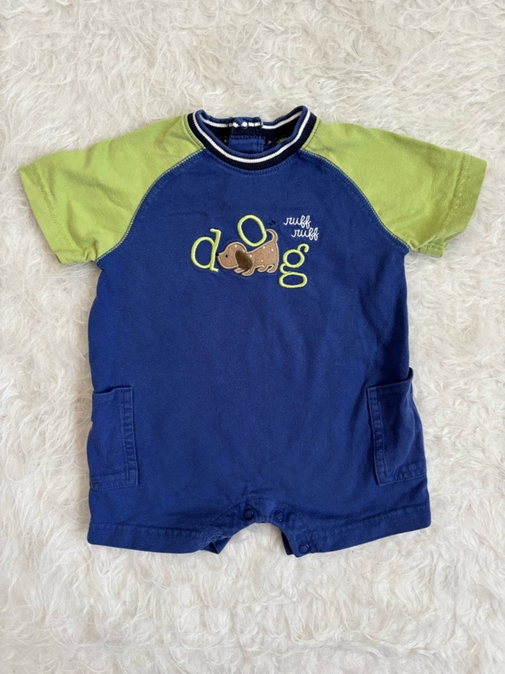 Carter's Y2K Navy Blue and Lime Green Baby Shorts Romper & Dog Embroidery